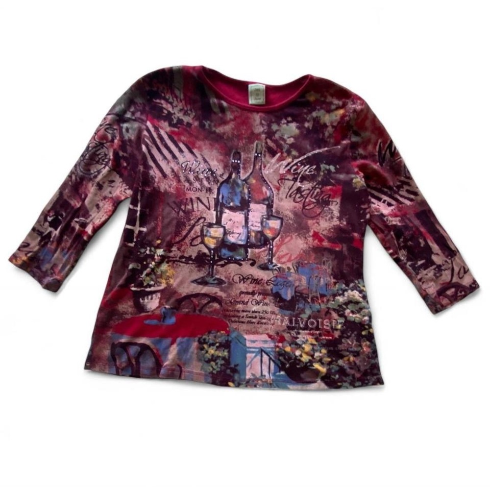 Jess & Jane Vintage 90s Wine Dine Graphic Print 3/4 Sleeve Top Size Medium